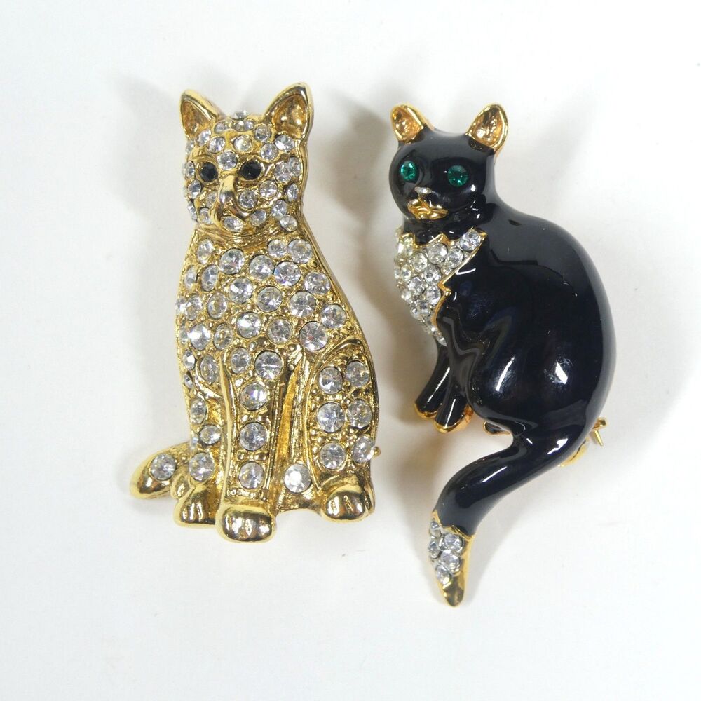 2 Rhinestone Cat Pins Vintage Brooch Signed SFJ Black Goldtone